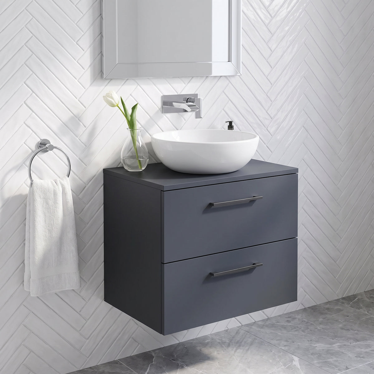 Fairford Aspri Soft Black 600mm 2 Drawer Wall Hung Vanity Unit with Worktop