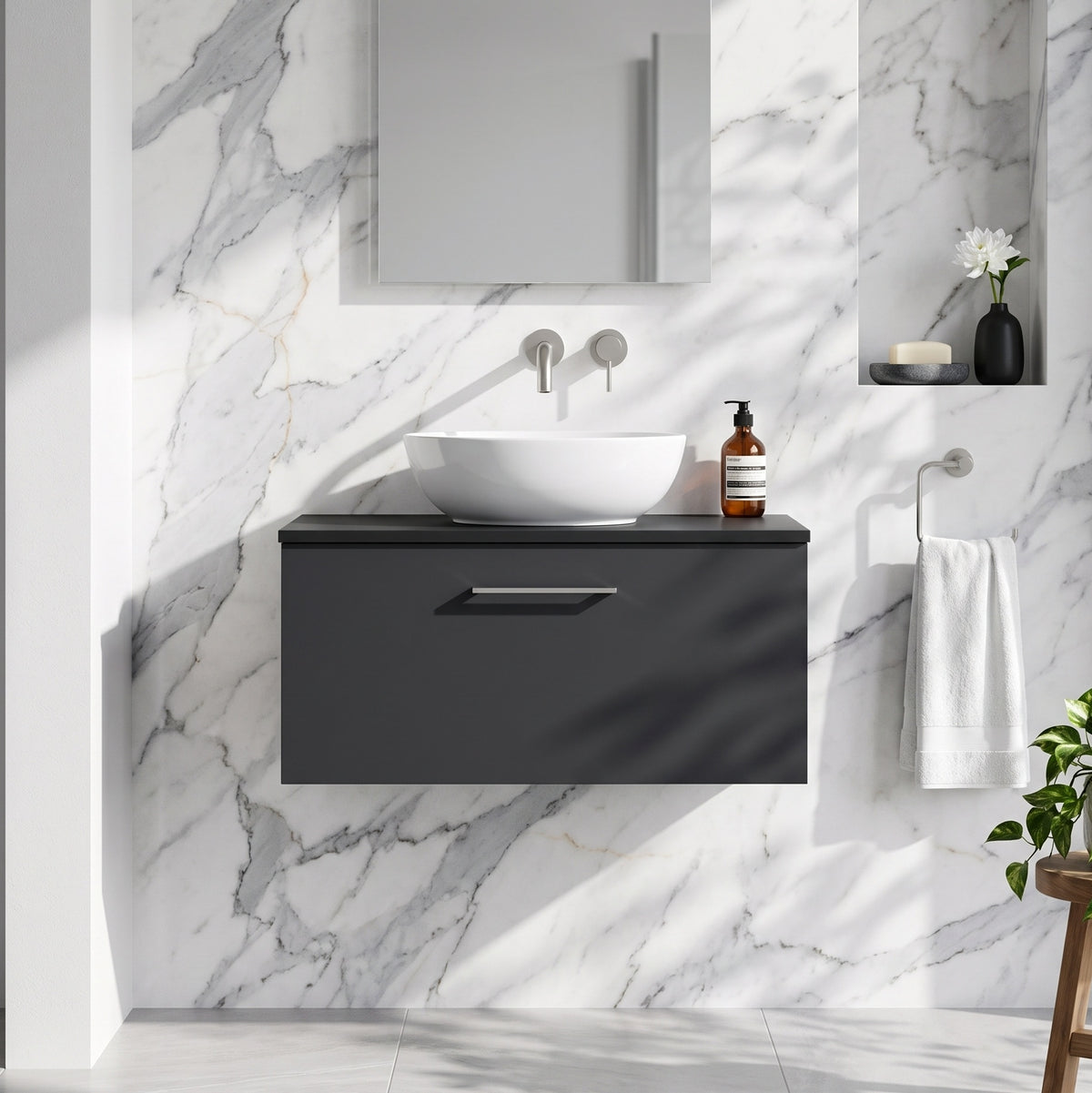 Fairford Aspri Soft Black 600mm 1 Drawer Wall Hung Vanity Unit with Worktop