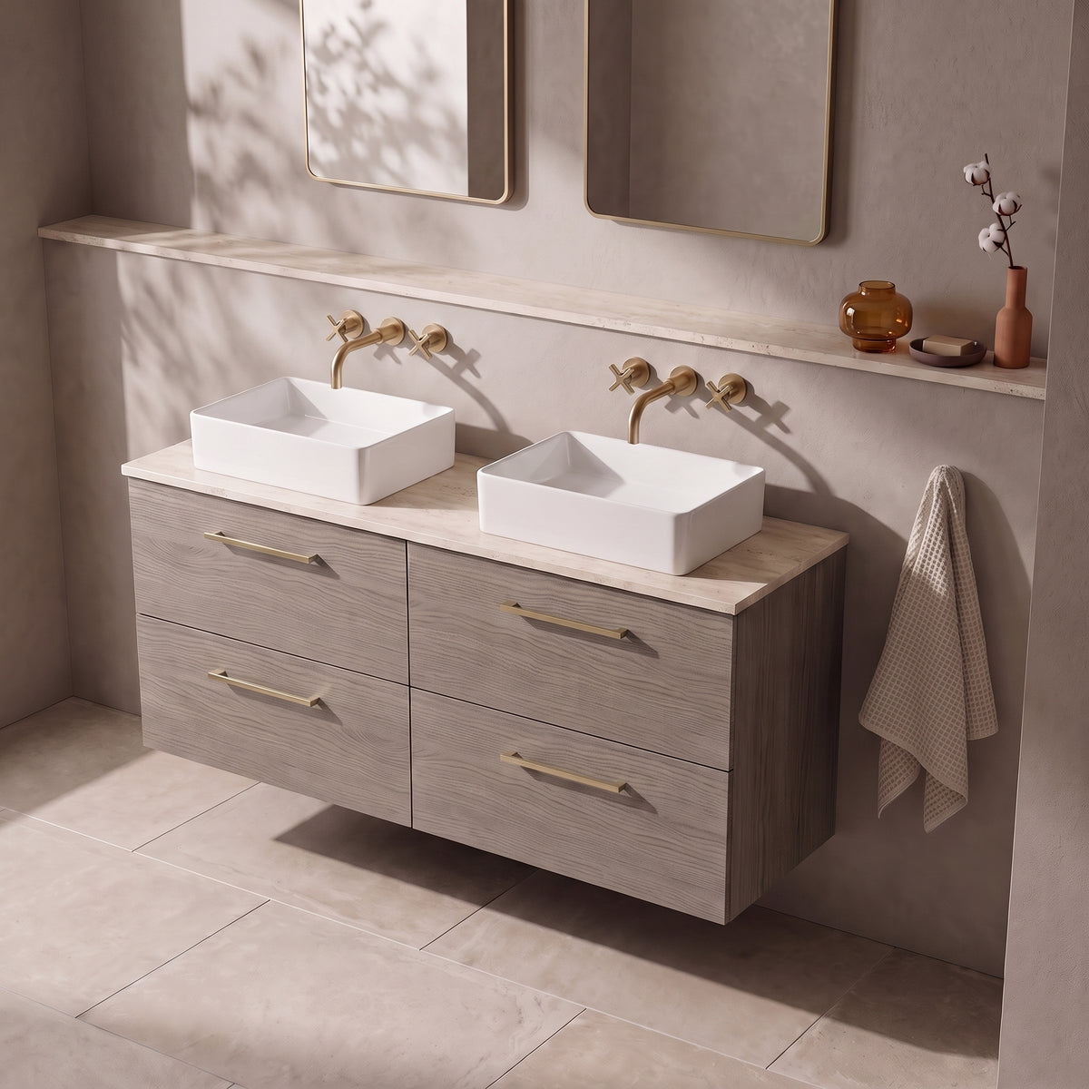 Fairford Aspri Solace Oak 1200mm 4 Drawer Wall Hung Vanity Unit with Worktop