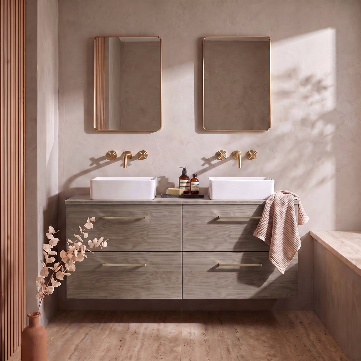 Fairford Aspri Solace Oak 1200mm 4 Drawer Wall Hung Vanity Unit with Worktop