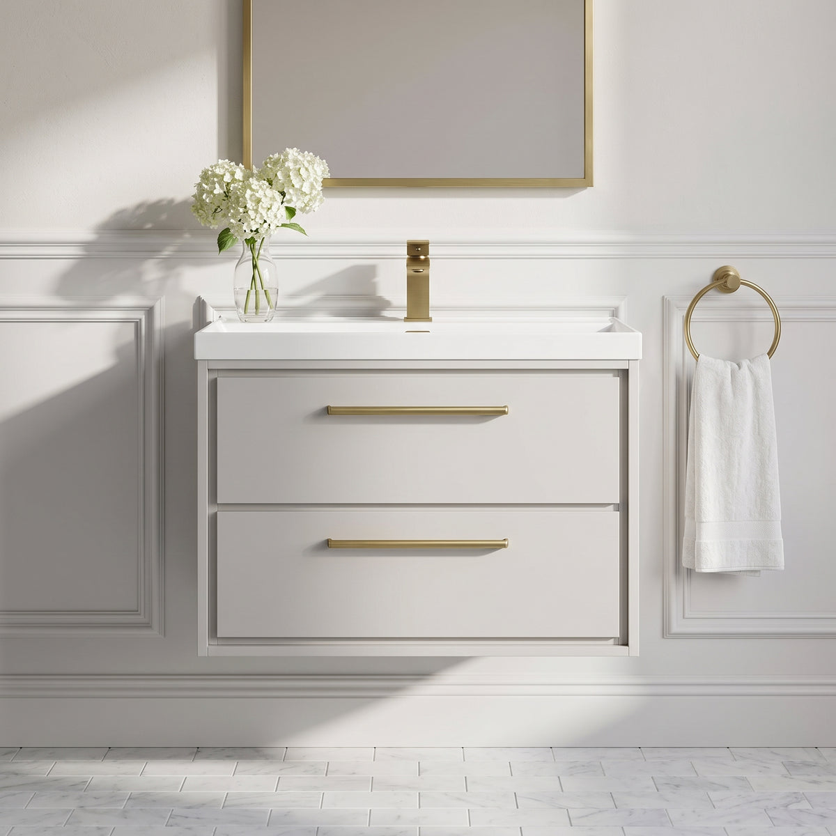 Fairford Tisse Pebble Grey 800mm 2 Drawer Wall Hung Vanity Unit with Thin Edged Basin