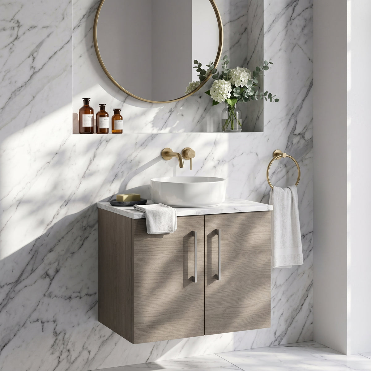 Fairford Aspri Solace Oak 600mm 2 Door Wall Hung Vanity Unit with Worktop