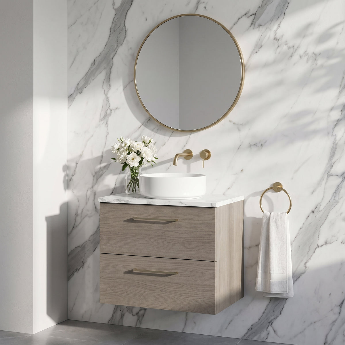 Fairford Aspri Solace Oak 600mm 2 Drawer Wall Hung Vanity Unit with Worktop