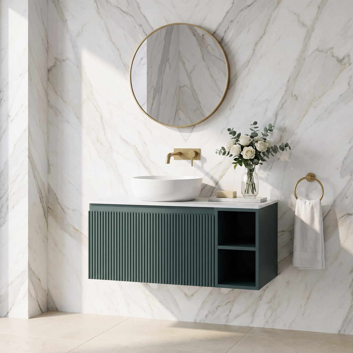 Fairford Sophia Smoked Sage 800mm Wall Hung Vanity Unit with Right Hand Storage and Worktop