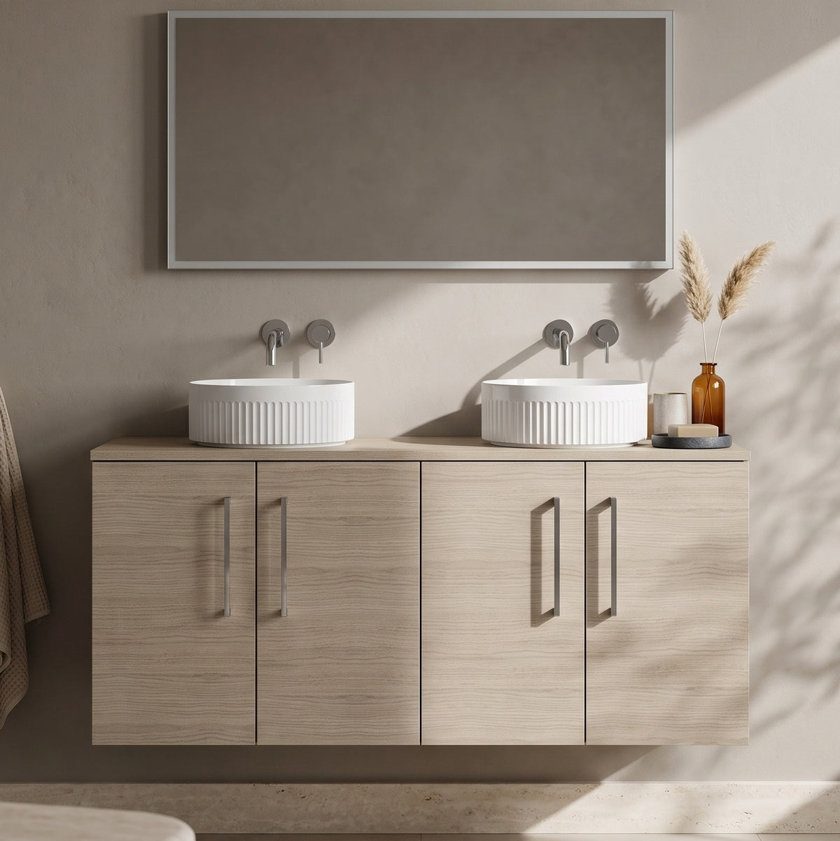 Fairford Aspri Solace Oak 1200mm 4 Door Wall Hung Vanity Unit with Worktop