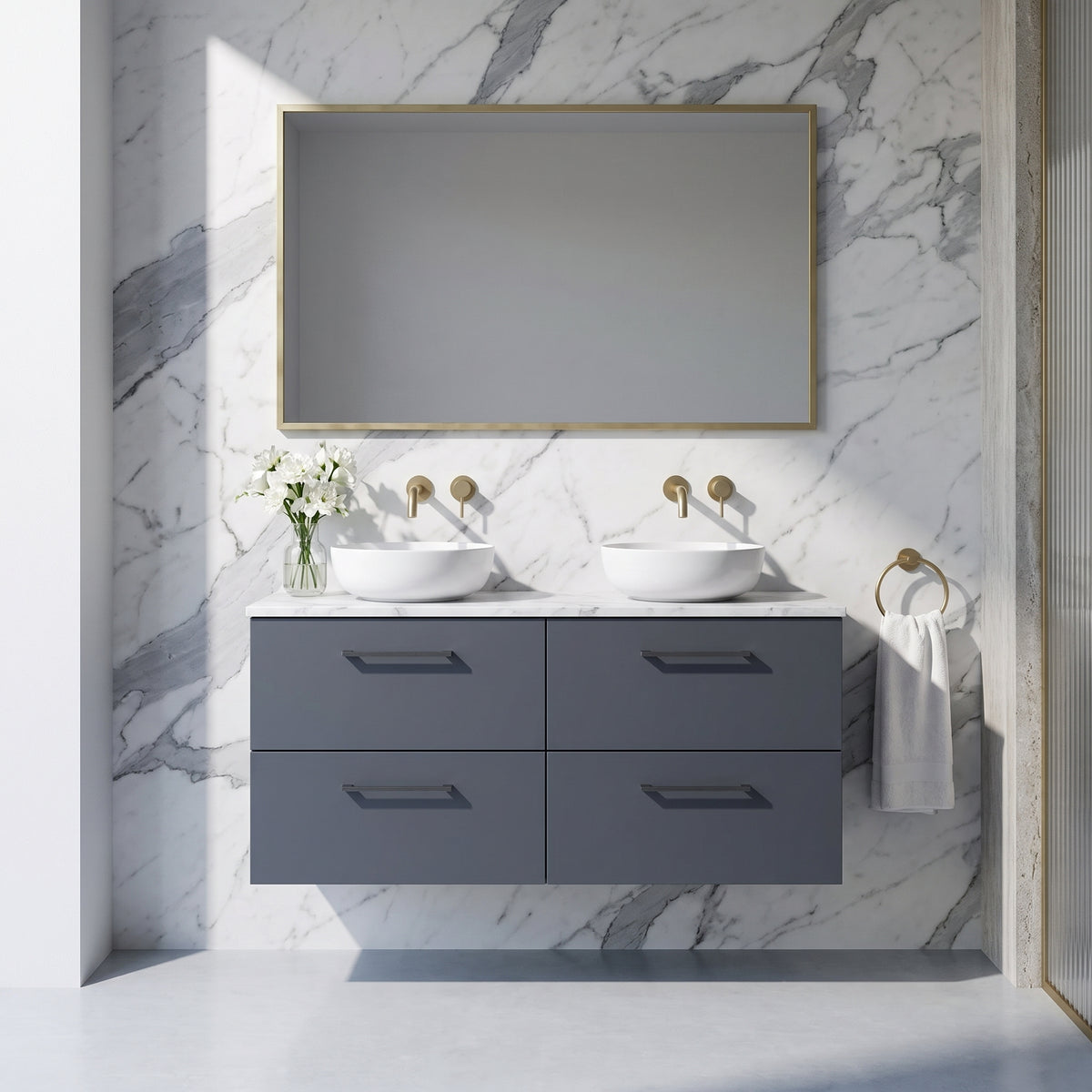 Fairford Aspri Soft Black 1200mm 4 Drawer Wall Hung Vanity Unit with Worktop