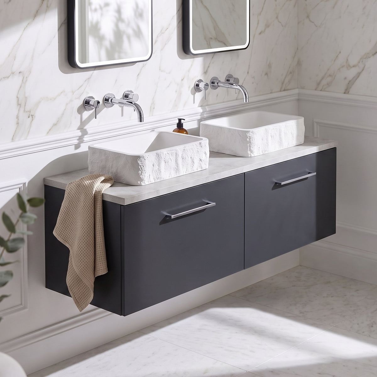 Fairford Aspri Soft Black 1200mm 2 Drawer Wall Hung Vanity Unit with Worktop