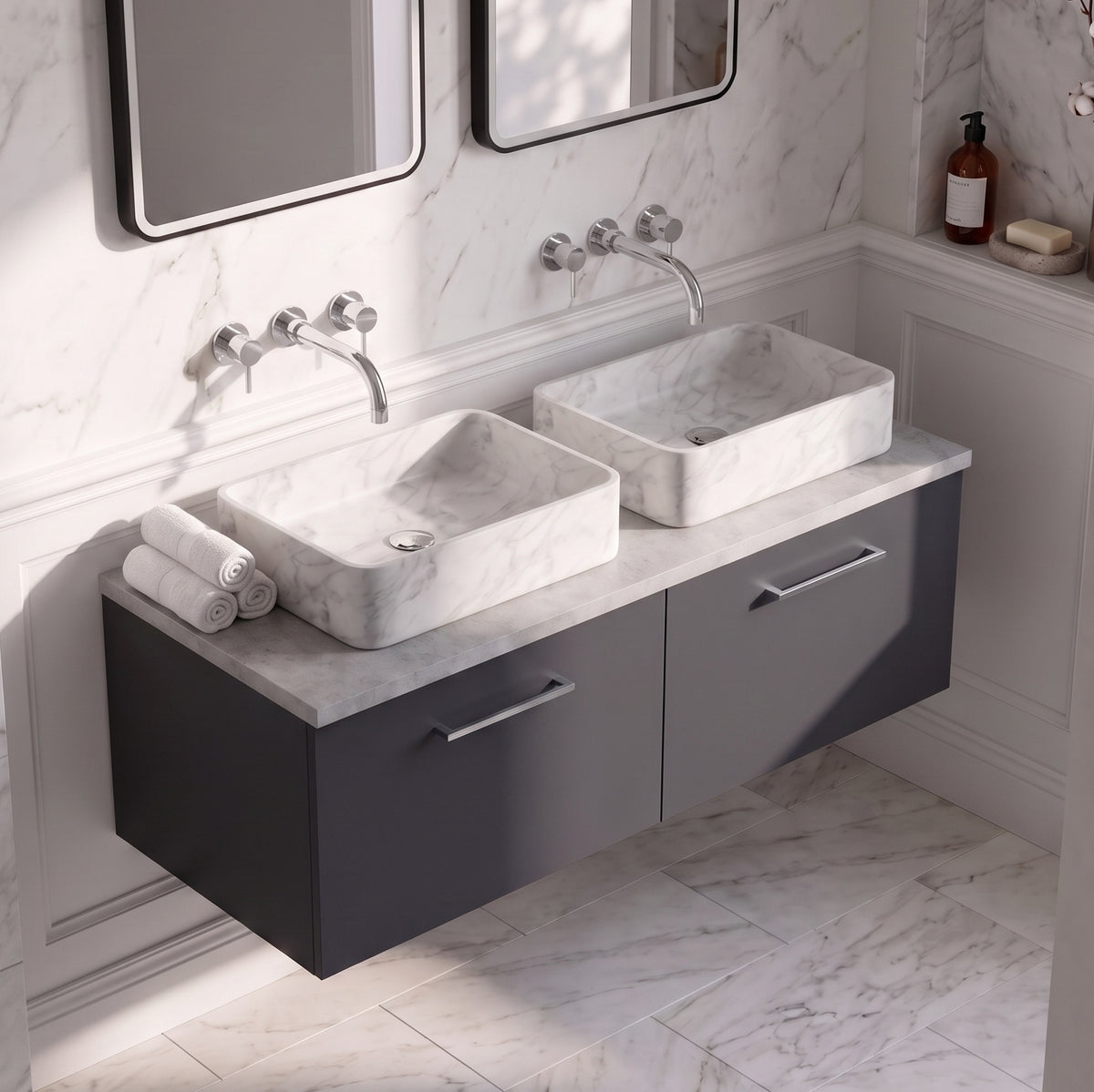 Fairford Aspri Soft Black 1200mm 2 Drawer Wall Hung Vanity Unit with Worktop