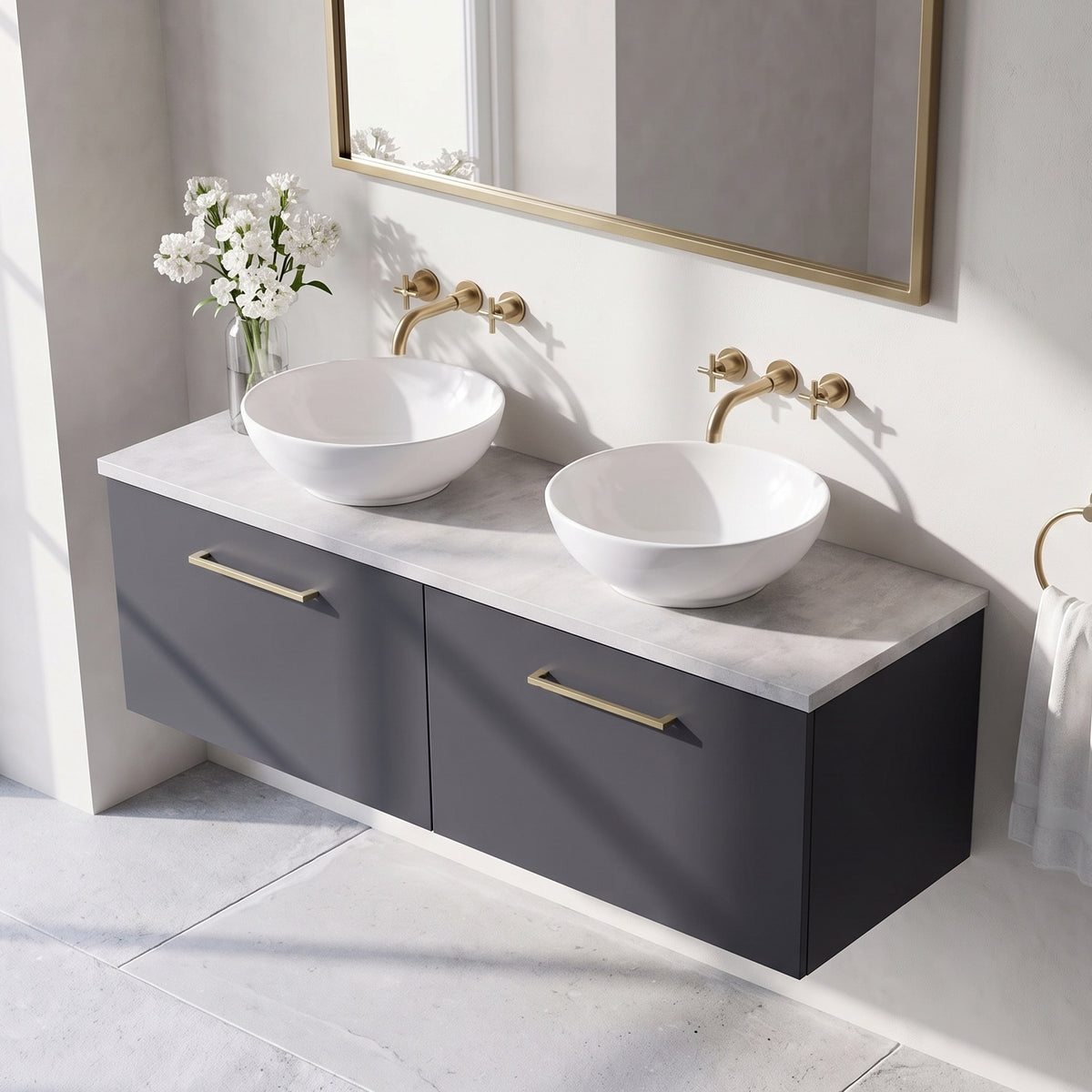 Fairford Aspri Soft Black 1200mm 2 Drawer Wall Hung Vanity Unit with Worktop