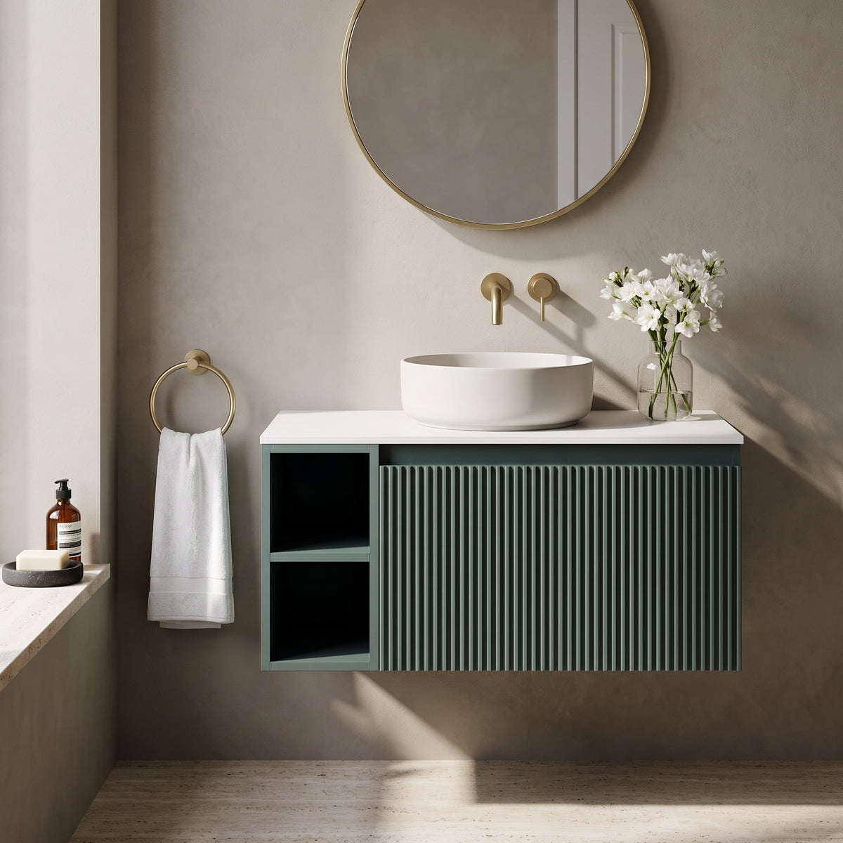 Fairford Sophia Smoked Sage 800mm Wall Hung Vanity Unit with Left Hand Storage and Worktop