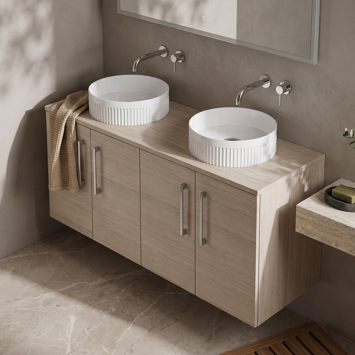 Fairford Aspri Solace Oak 1200mm 4 Door Wall Hung Vanity Unit with Worktop