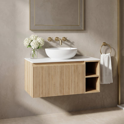 Fairford Sophia Country Oak 800mm Wall Hung Vanity Unit with Right Hand Storage and Worktop