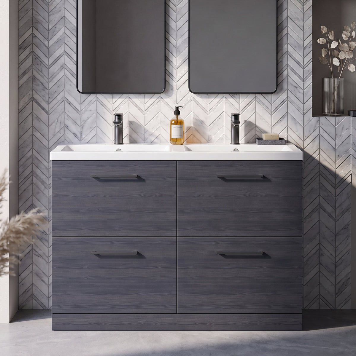 Fairford Aspri Black Woodgrain 1200mm Floorstanding Double Vanity Unit with 4 Drawers and Basin