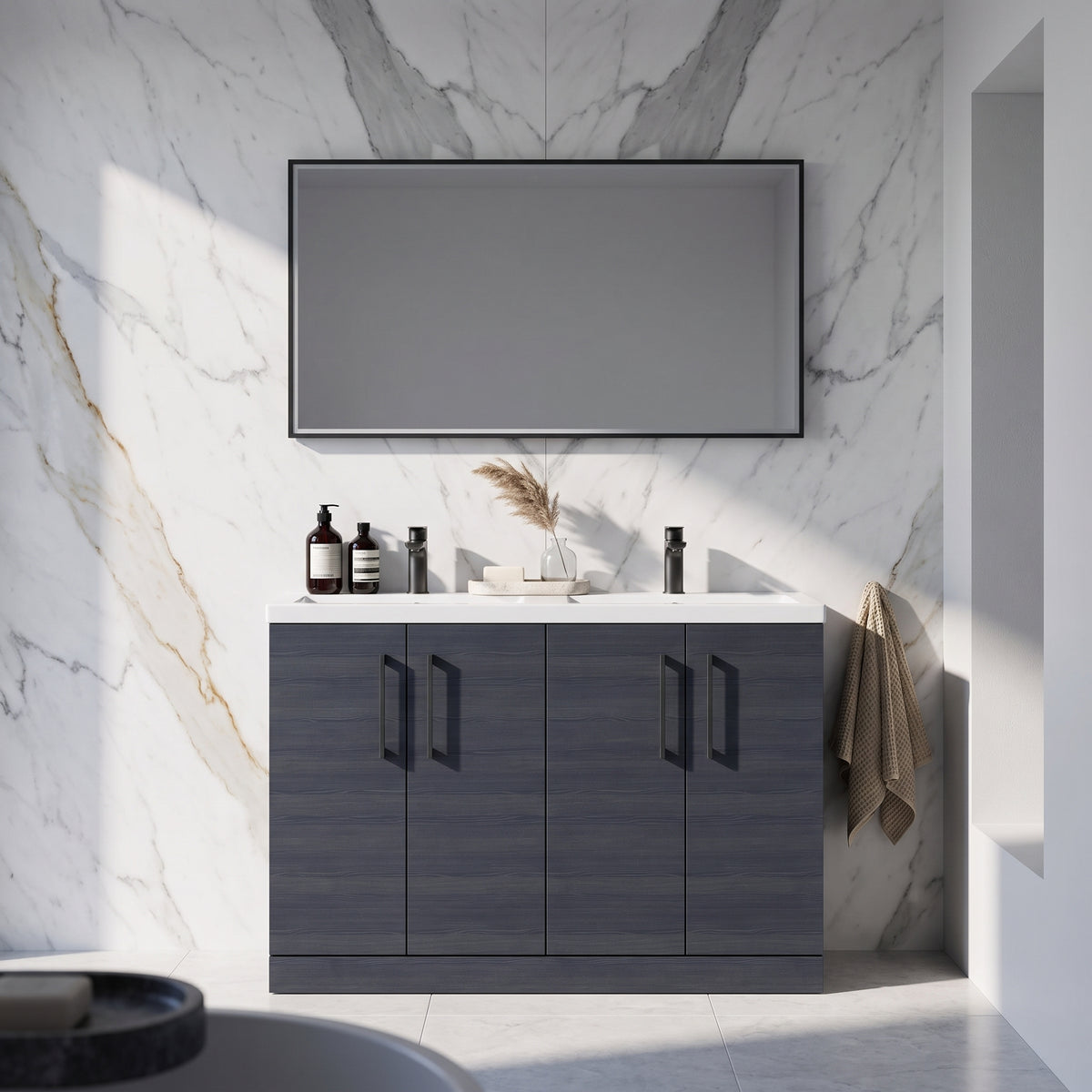 Fairford Aspri Black Woodgrain 1200mm Floorstanding Double Vanity Unit with Doors and Basin
