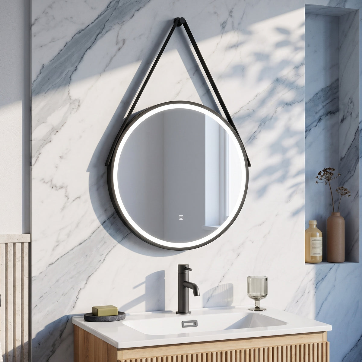 Fairford 600mm Round Matt Black Illuminated Mirror with Touch Sensor