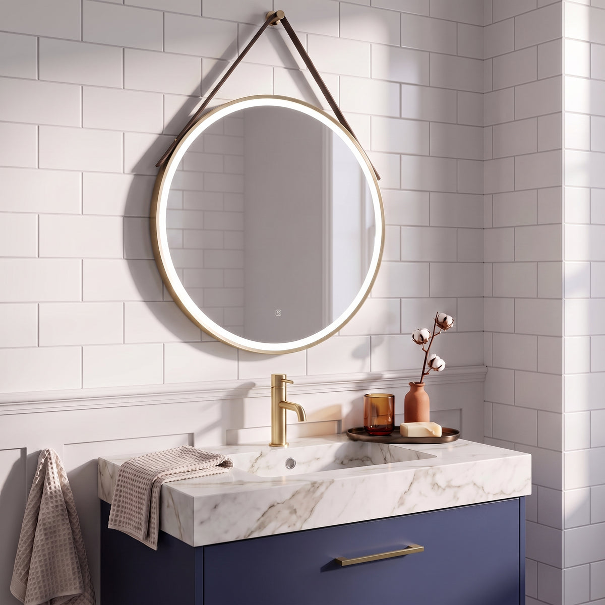 Fairford 800mm Round Brushed Brass Illuminated Mirror with Touch Sensor