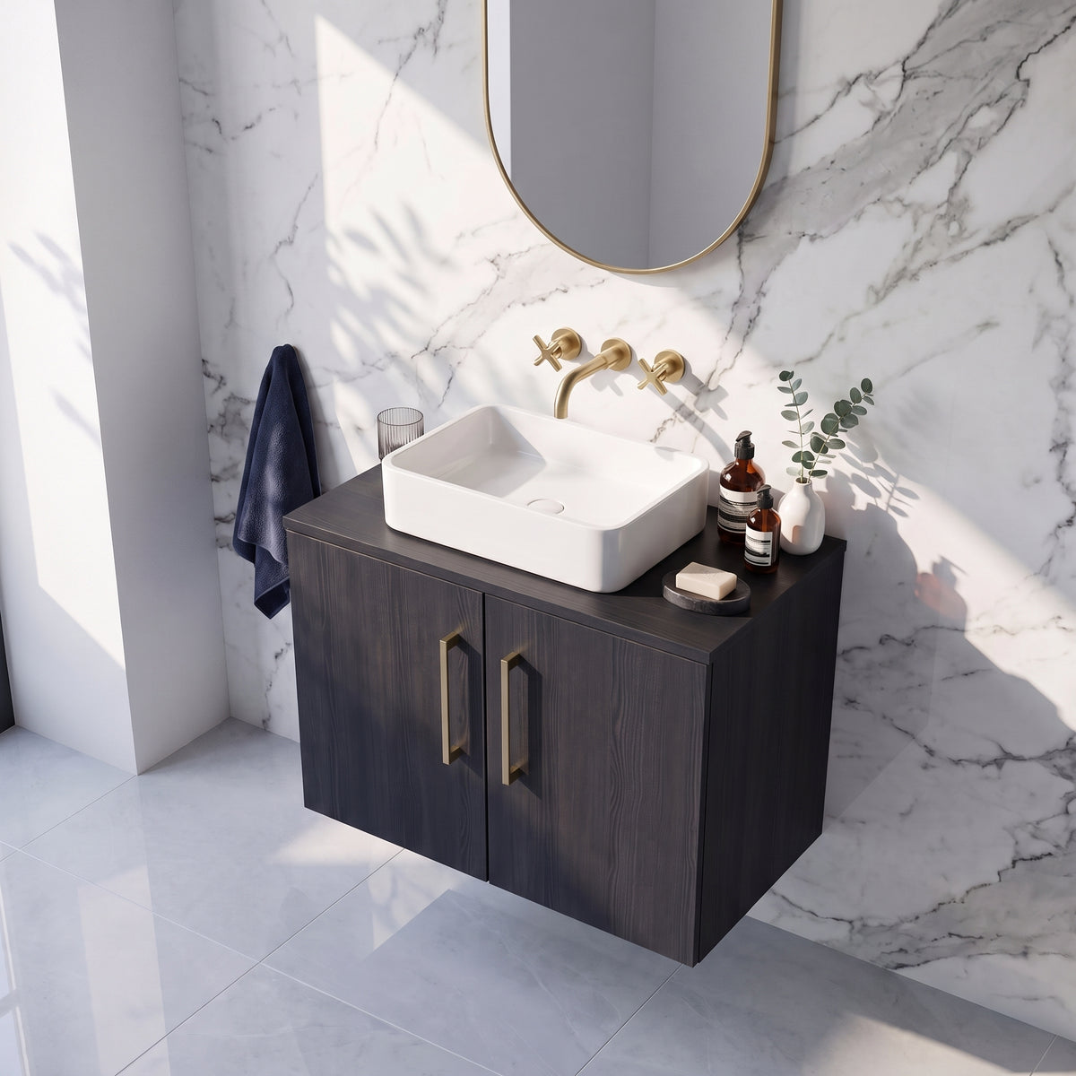 Fairford Aspri Black Woodgrain 600mm 2 Door Wall Hung Vanity Unit with Worktop