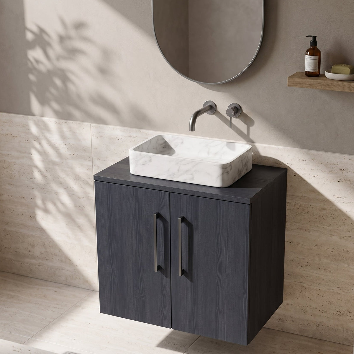Fairford Aspri Black Woodgrain 600mm 2 Door Wall Hung Vanity Unit with Worktop