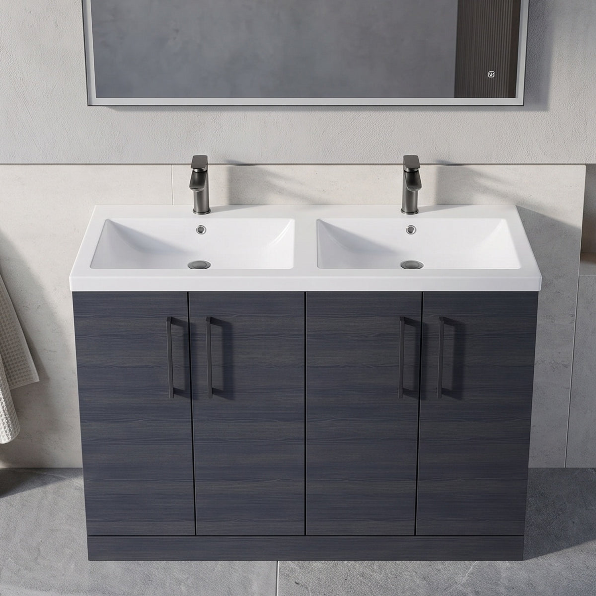Fairford Aspri Black Woodgrain 1200mm Floorstanding Double Vanity Unit with Doors and Basin
