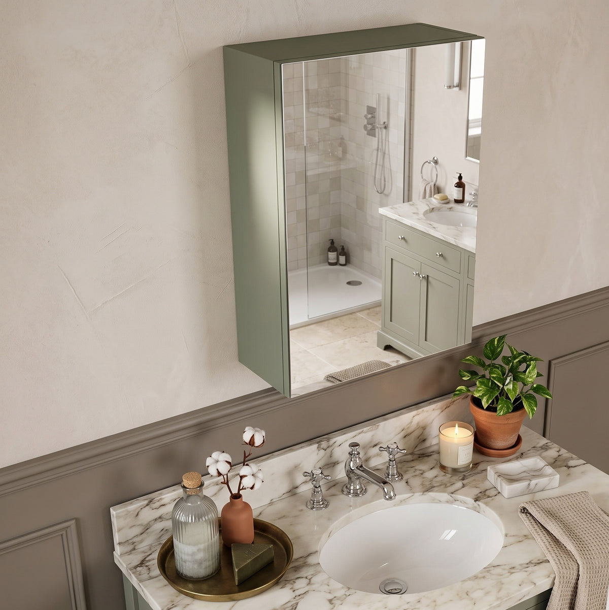 Fairford Union Style Slab Matt Lux Green 400mm Mirror Cabinet