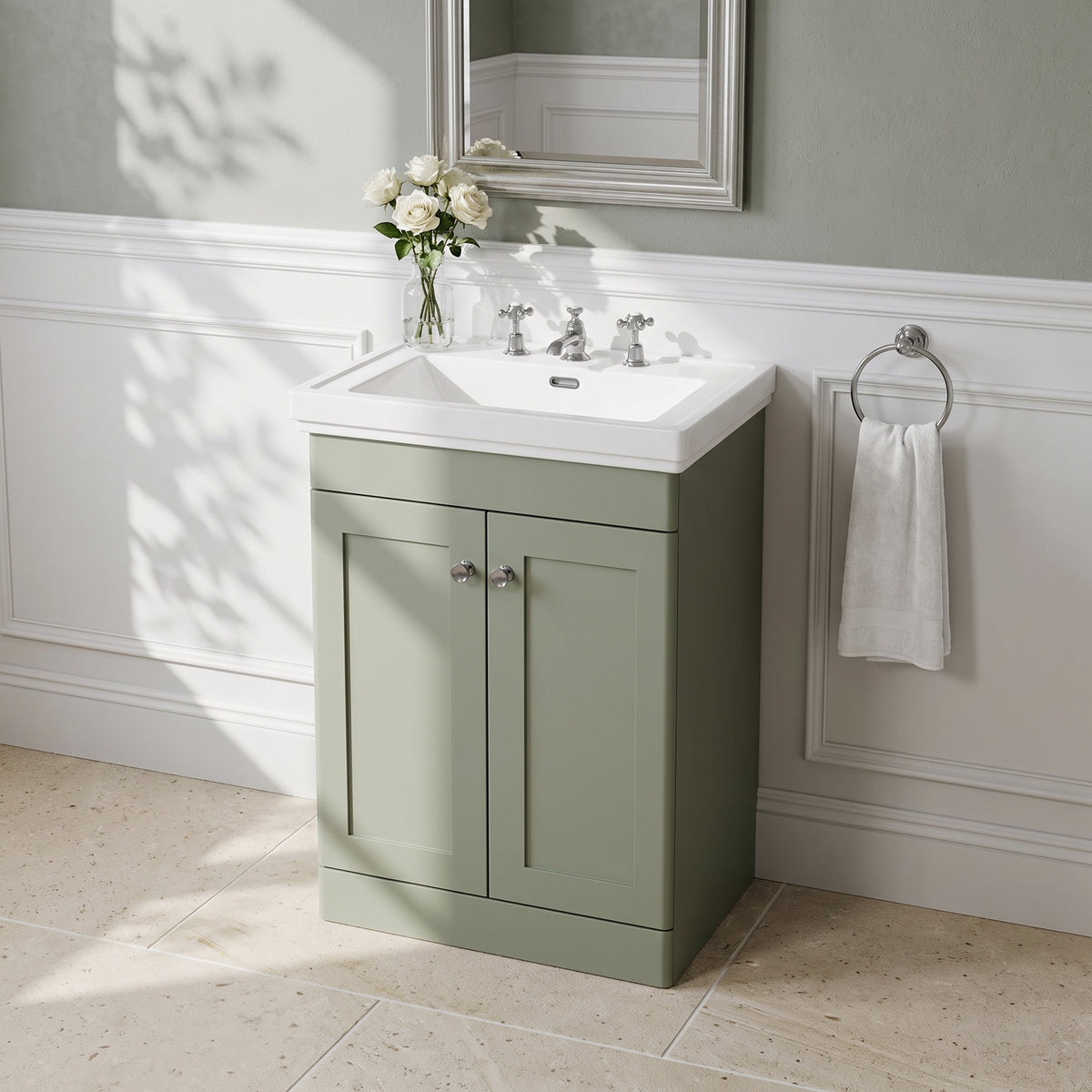 Fairford Laurel 600mm Floor Standing Satin Green Vanity Unit - 3 Tap Hole