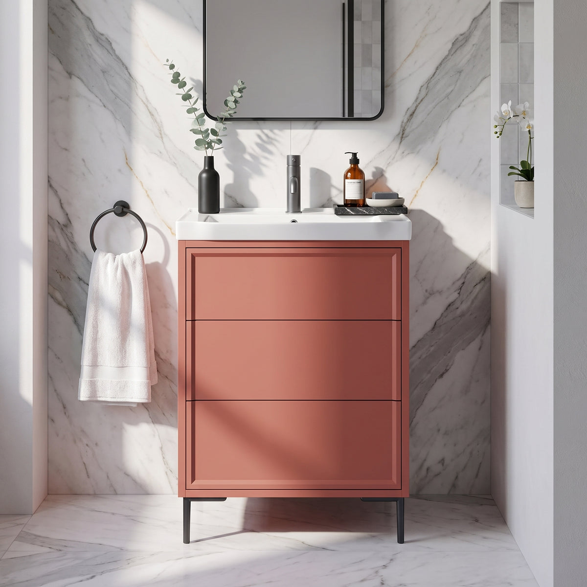 Fairford Elan Dusk Red 600mm Floorstanding Vanity Unit with Matt Black Legs