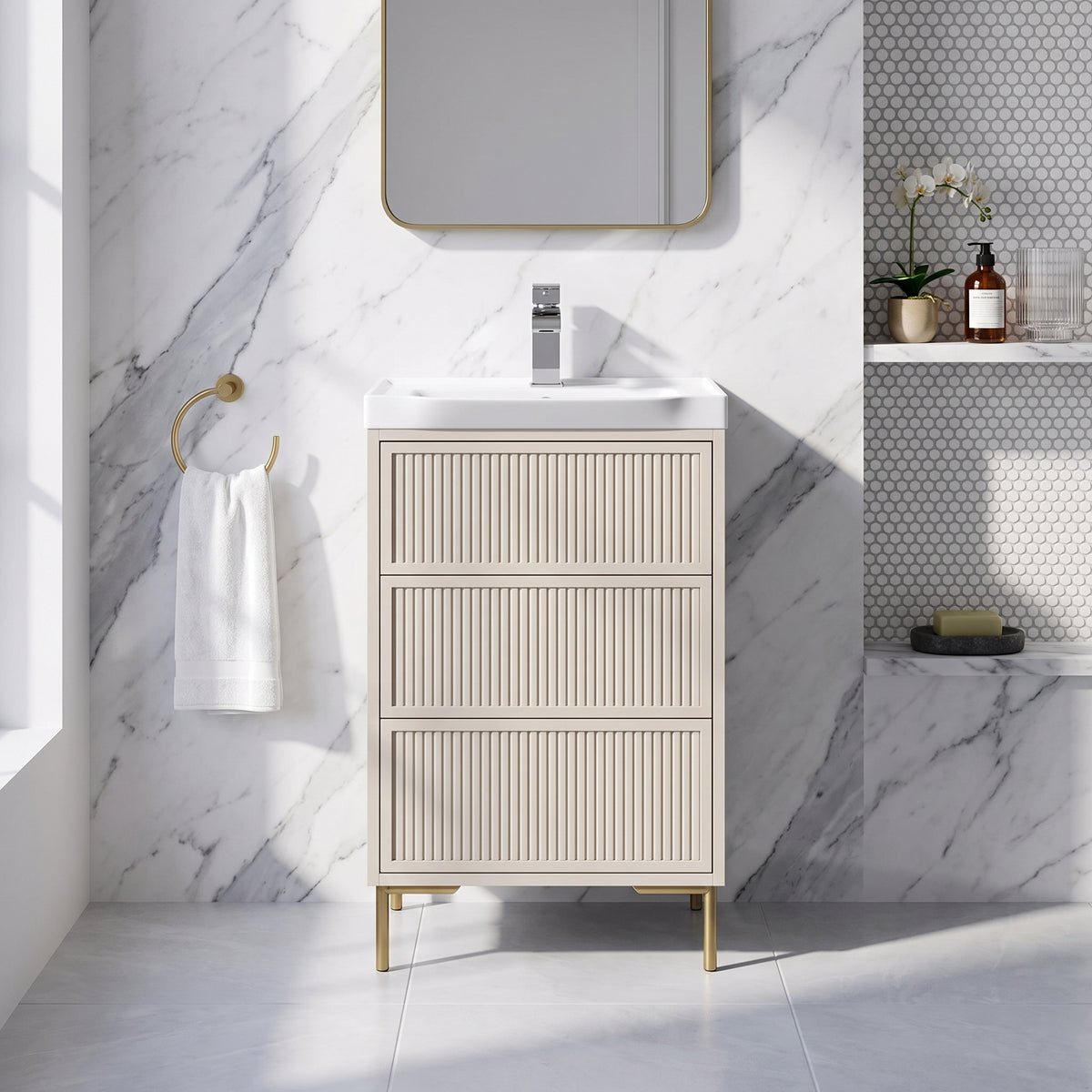 Fairford Elan Fluted Sandstone 500mm Floorstanding Vanity Unit with Brushed Brass Legs