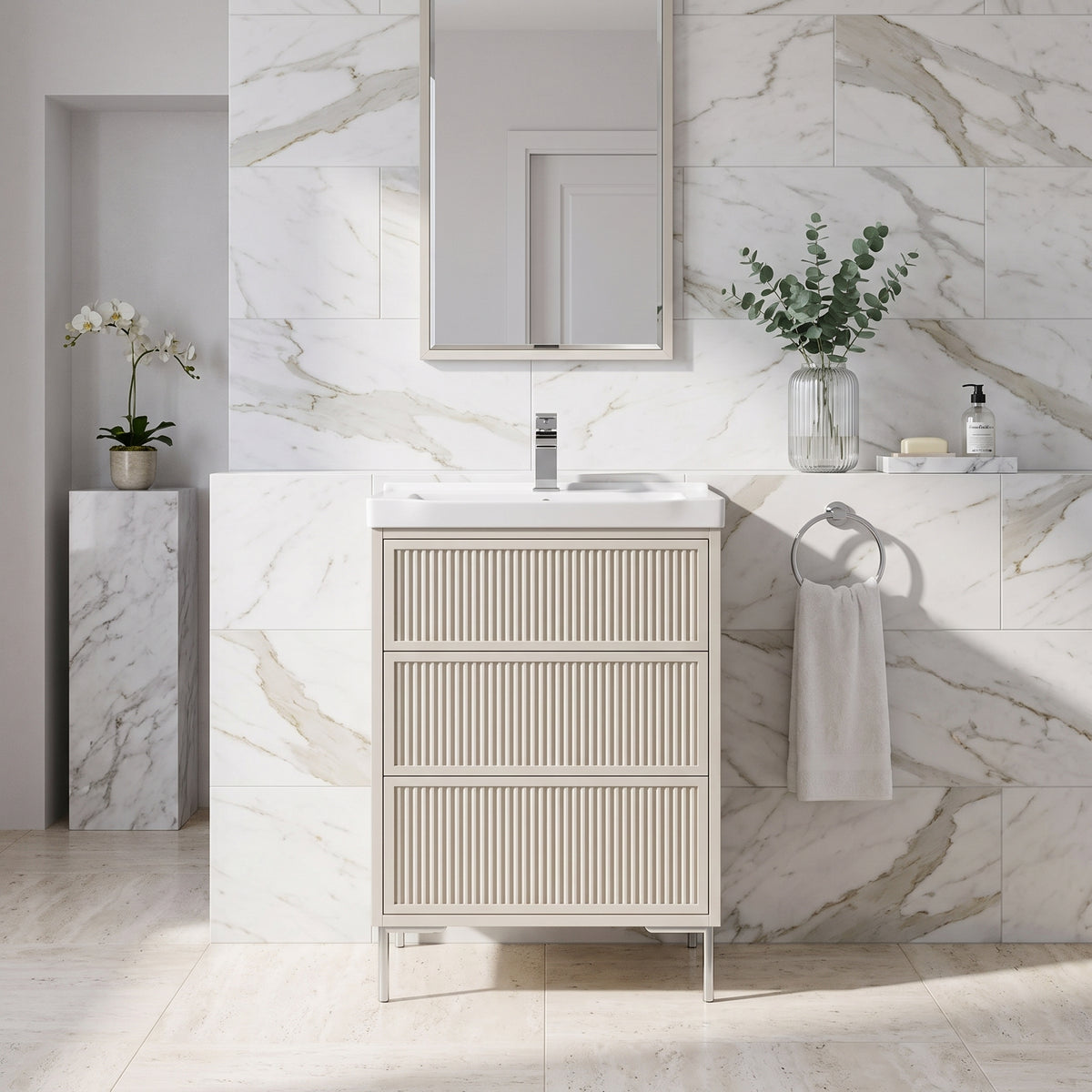 Fairford Elan Fluted Sandstone 600mm Floorstanding Vanity Unit with Chrome Legs