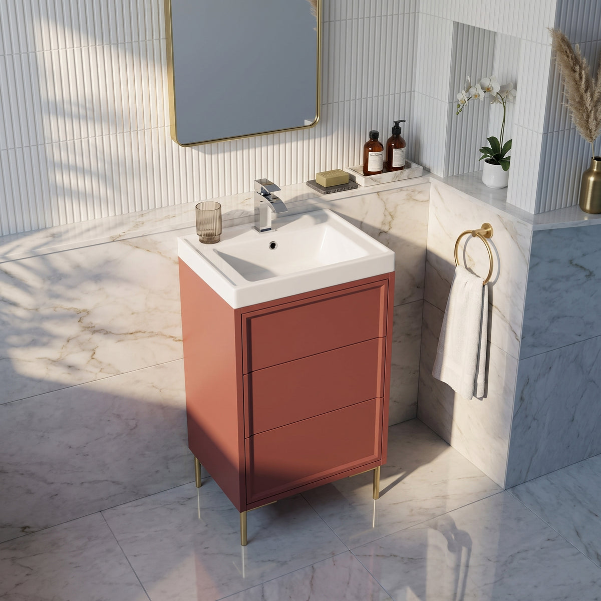 Fairford Elan Dusk Red 500mm Floorstanding Vanity Unit with Brushed Brass Legs