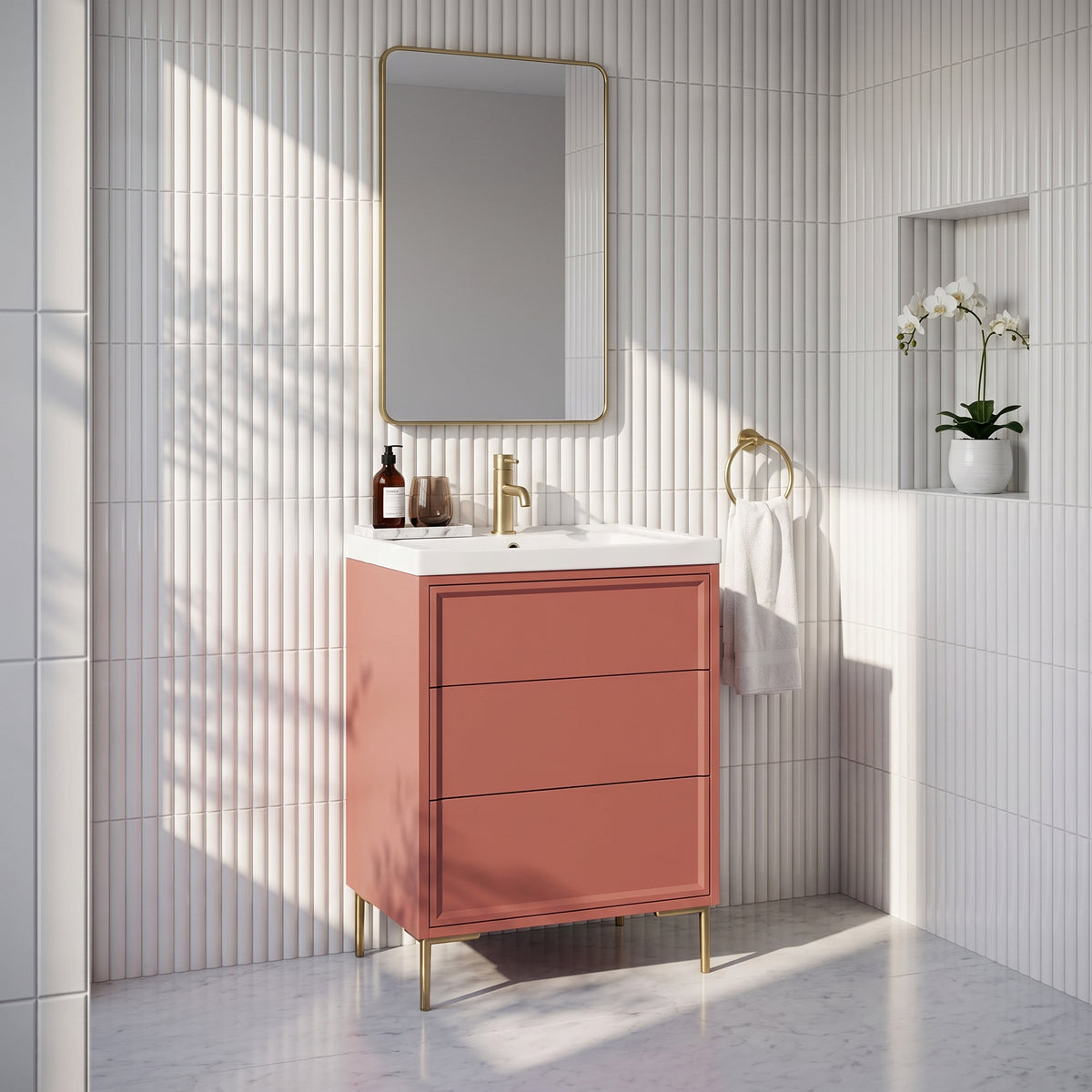Fairford Elan Dusk Red 600mm Floorstanding Vanity Unit with Brushed Brass Legs