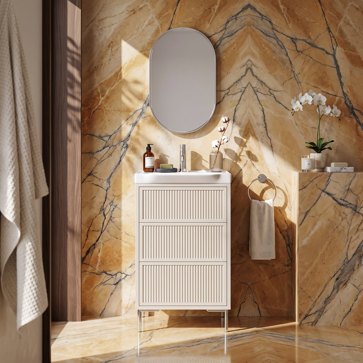 Fairford Elan Fluted Sandstone 500mm Floorstanding Vanity Unit with Chrome Legs