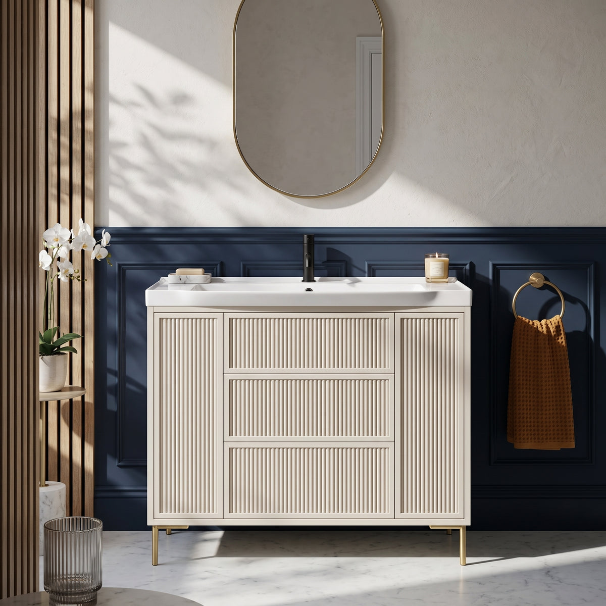 Fairford Elan Fluted Sandstone 1000mm Floorstanding Vanity Unit with Brushed Brass Legs