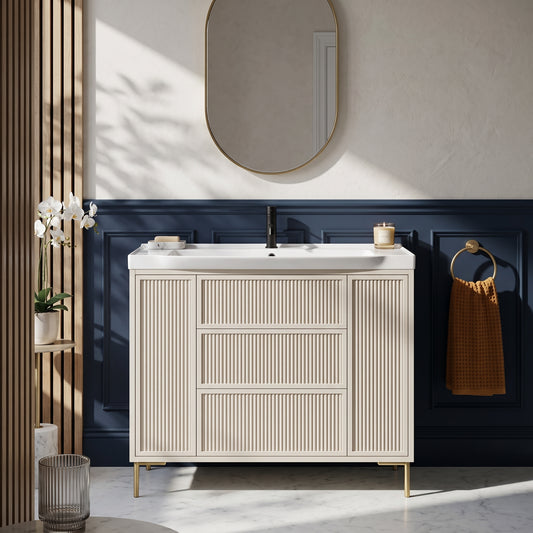 Fairford Elan Fluted Sandstone 1000mm Floorstanding Vanity Unit with Brushed Brass Legs