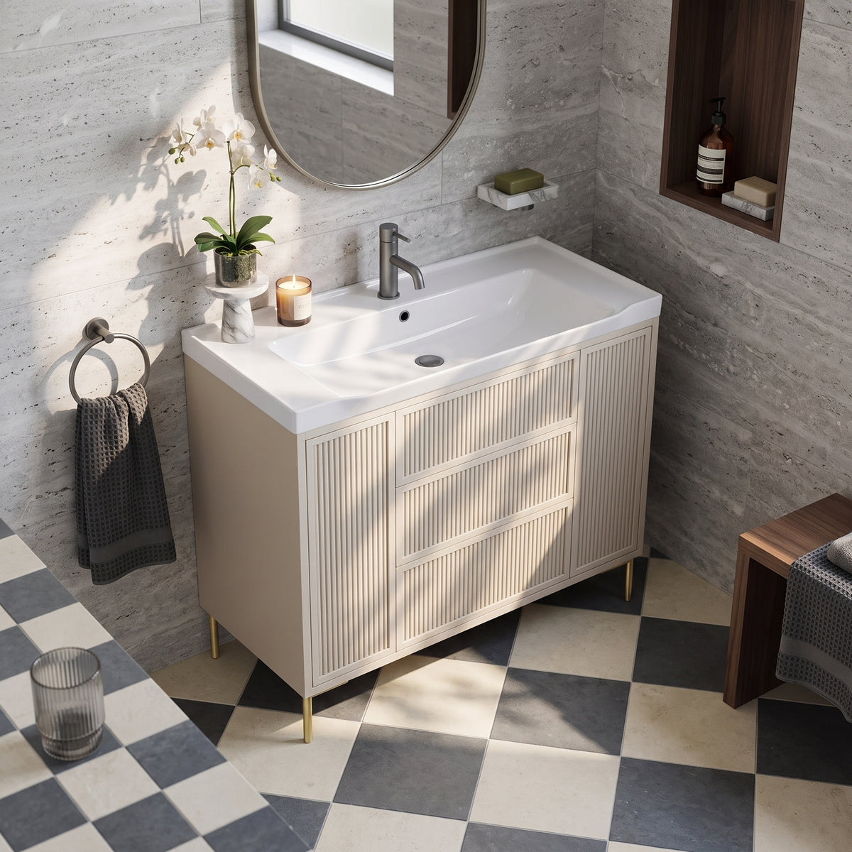 Fairford Elan Fluted Sandstone 1000mm Floorstanding Vanity Unit with Brushed Brass Legs