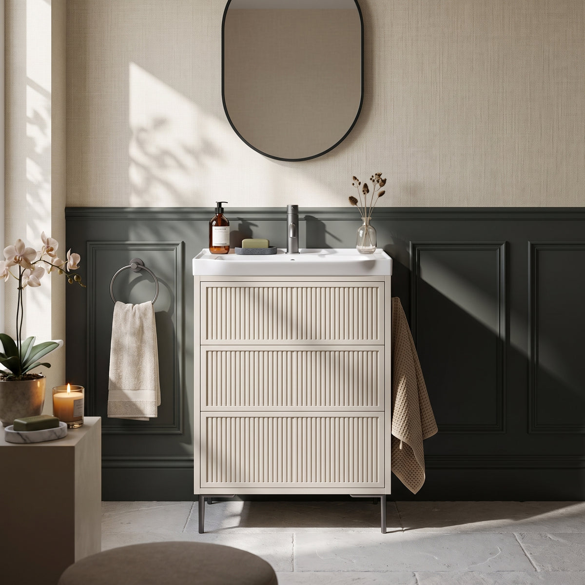 Fairford Elan Fluted Sandstone 600mm Floorstanding Vanity Unit with Gunmetal Legs