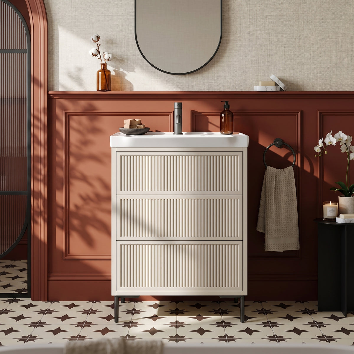 Fairford Elan Fluted Sandstone 600mm Floorstanding Vanity Unit with Matt Black Legs