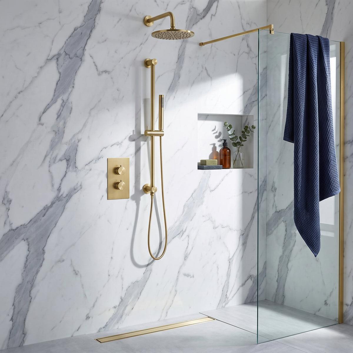 Fairford Element 7 Brushed Brass Concealed Shower Kit with Overhead, Handset and Overflow Filler