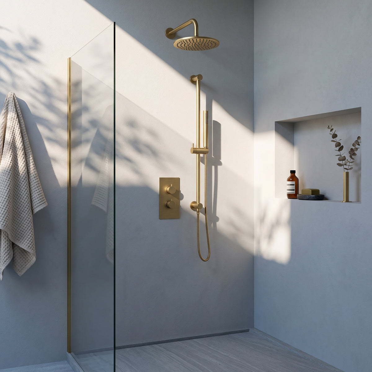Fairford Element 7 Brushed Brass Concealed Shower Kit with Overhead, Slide Rail and Overflow Filler