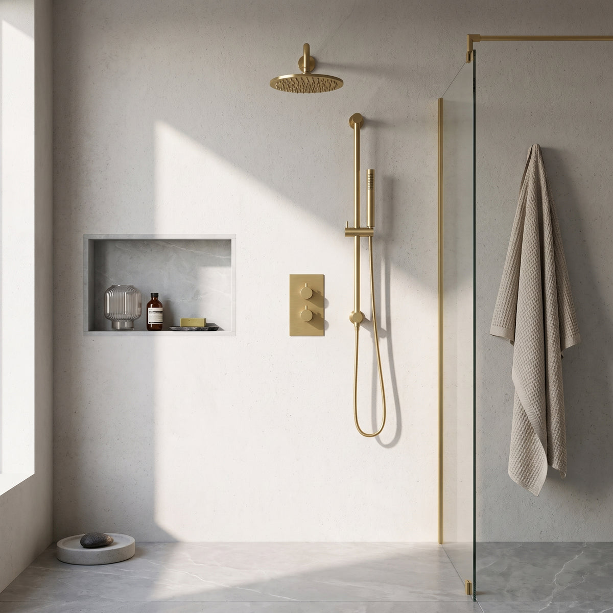 Fairford Element 7 Brushed Brass Concealed Shower Kit with Overhead, Handset and Overflow Filler