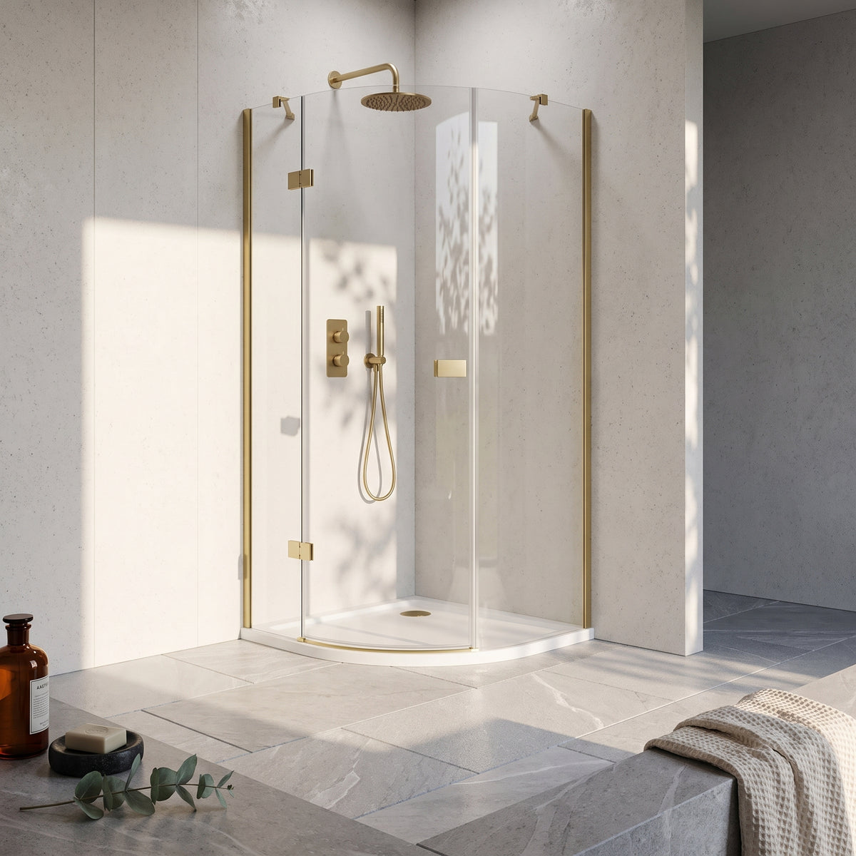 Fairford 8mm Frameless 800 x 800mm Brushed Brass Quadrant Enclosure