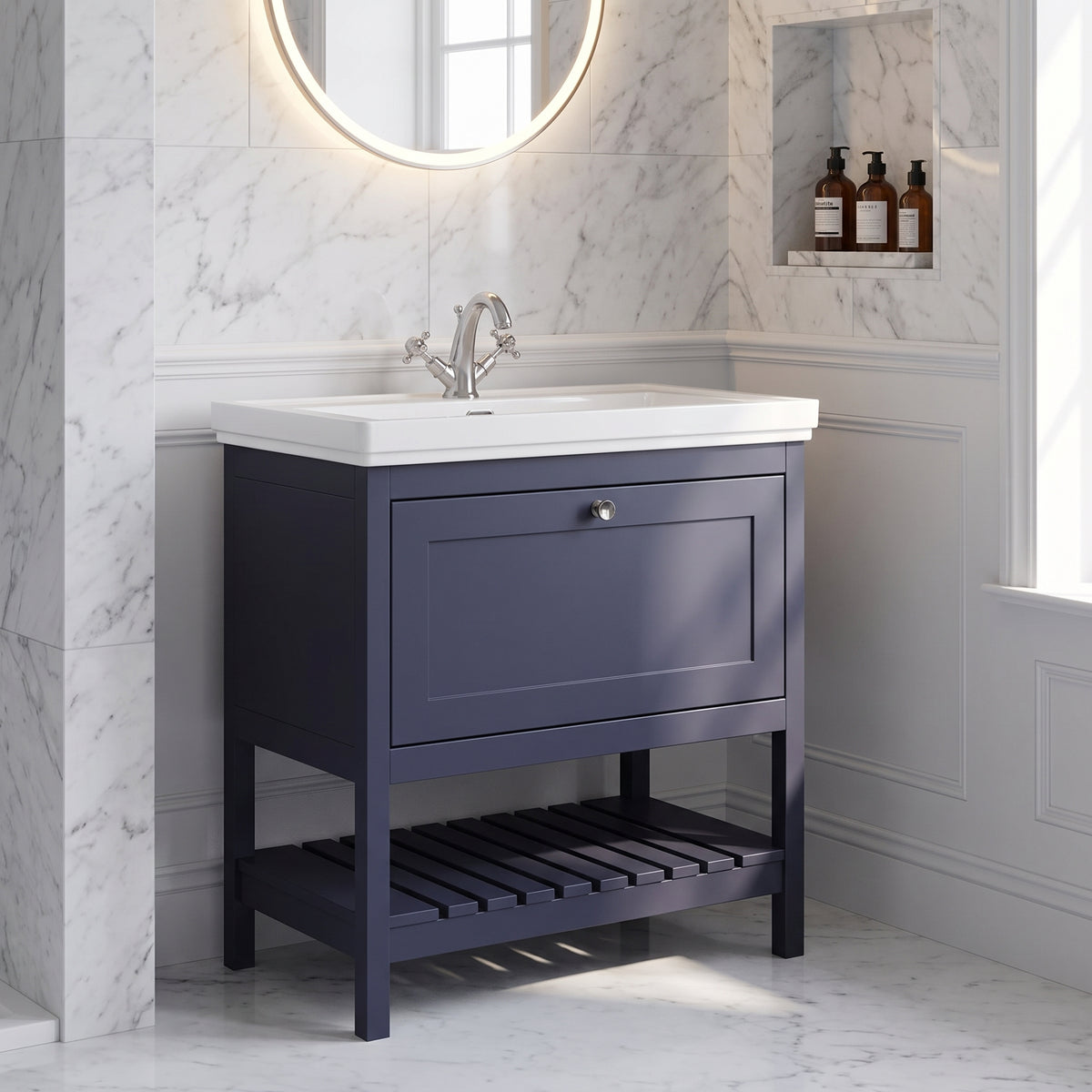 Fairford Juliette 800mm Indigo Blue 1 Tap Hole Floorstanding Vanity Unit — Marble & Wainscot lifestyle