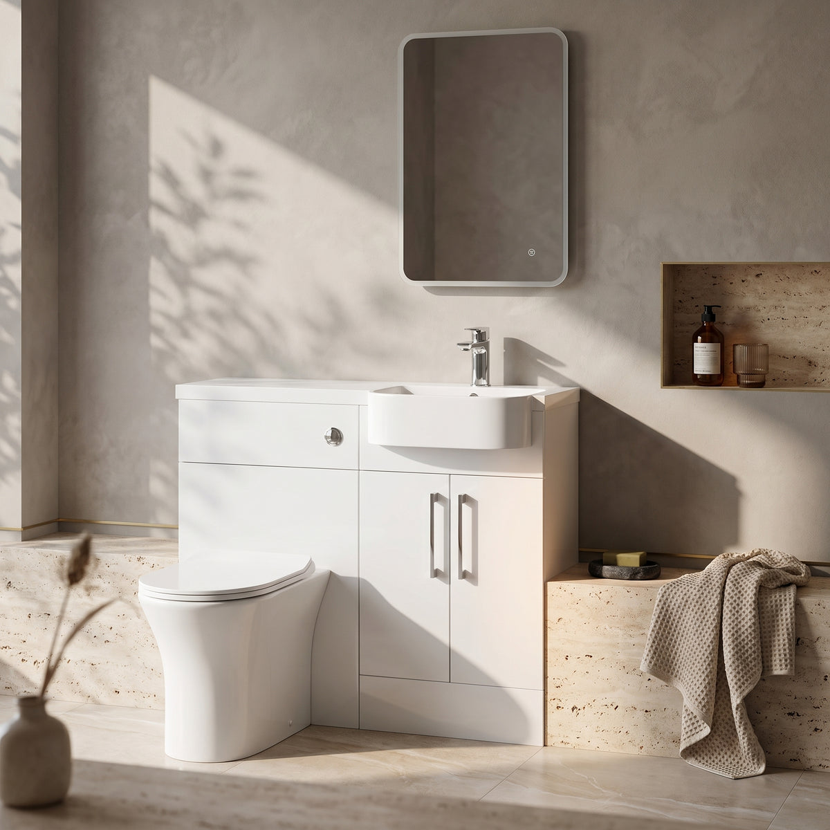 Fairford Union Gloss White 1000mm Round Semi Recessed Basin Right Hand Combination Pack
