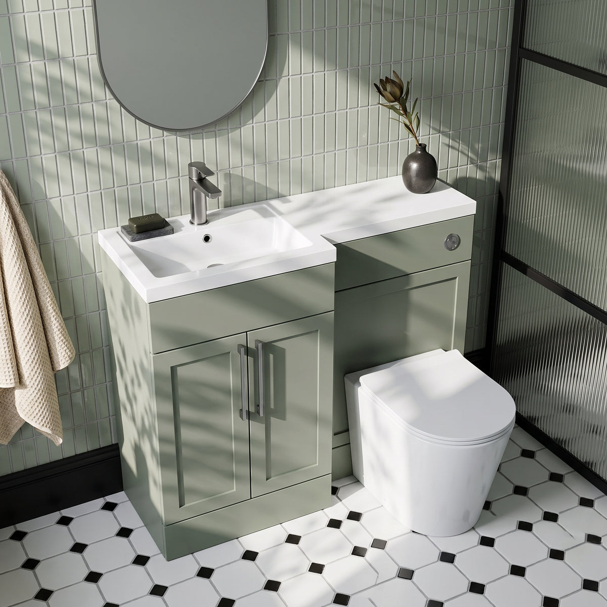 Fairford Union Style Shaker Matt Lux Green 1000mm L Shape Left Hand Combination Pack