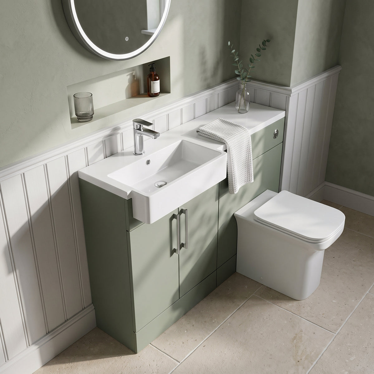 Fairford Union Style Slab Matt Lux Green 1100mm Square Semi Recessed Basin Left Hand Combination Pack