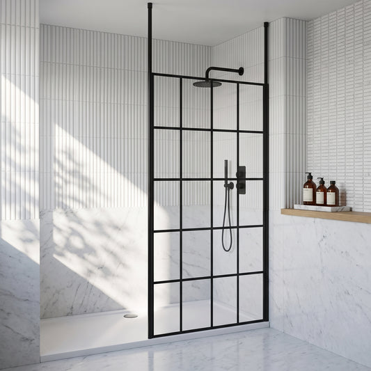 Fairford 1100mm 8mm Matt Black Crittall Wetroom Screen, 2 Ceiling Posts