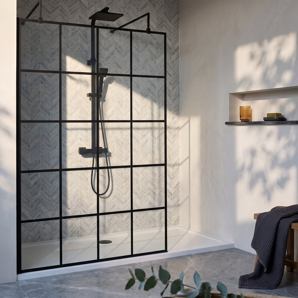 Fairford 1100mm 8mm Matt Black Crittall Wetroom Screen, 2 Support Arms