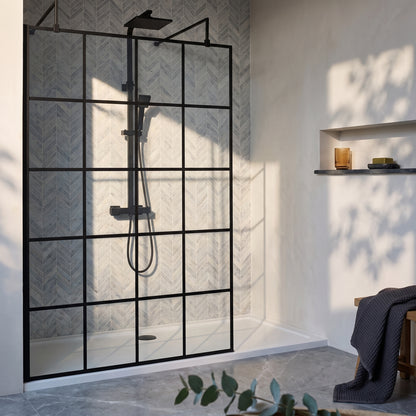 Fairford 1100mm 8mm Matt Black Crittall Wetroom Screen, 2 Support Arms