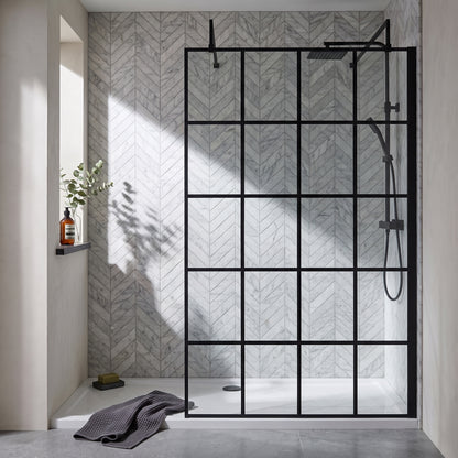 Fairford 1100mm 8mm Matt Black Crittall Wetroom Screen, 2 Support Arms