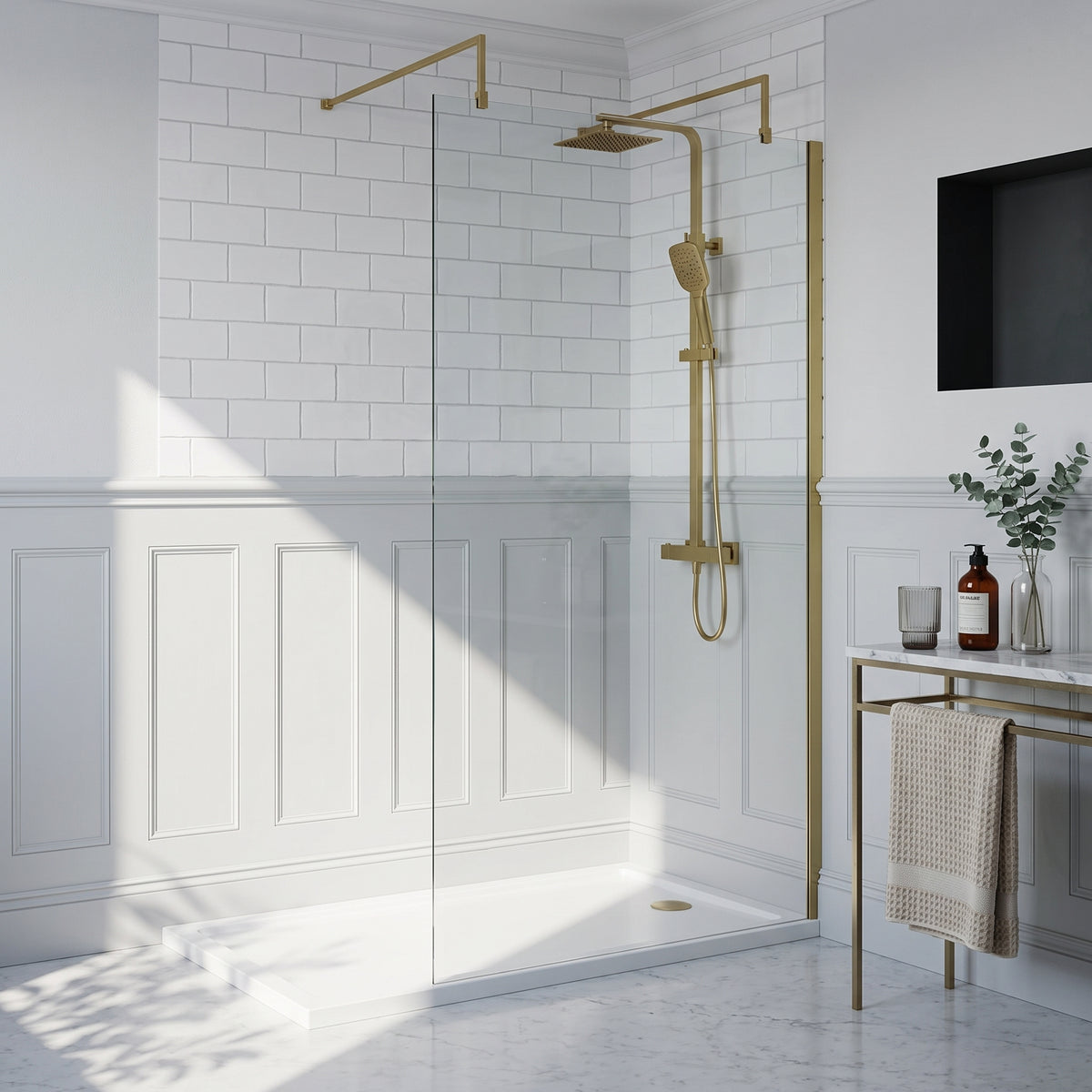 Fairford 1000mm 8mm Brushed Brass Wetroom Screen, 2 Support Arms