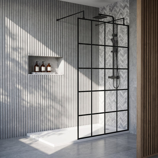 Fairford 1000mm 8mm Matt Black Crittall Wetroom Screen, 2 Support Arms